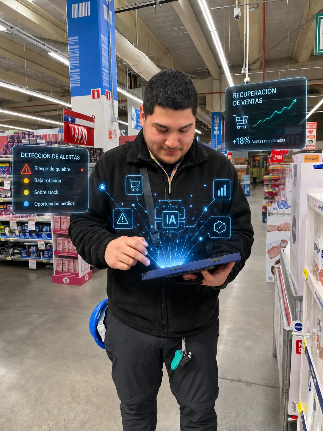Reponedor usando una tablet con apoyo de inteligencia artificial en el punto de venta